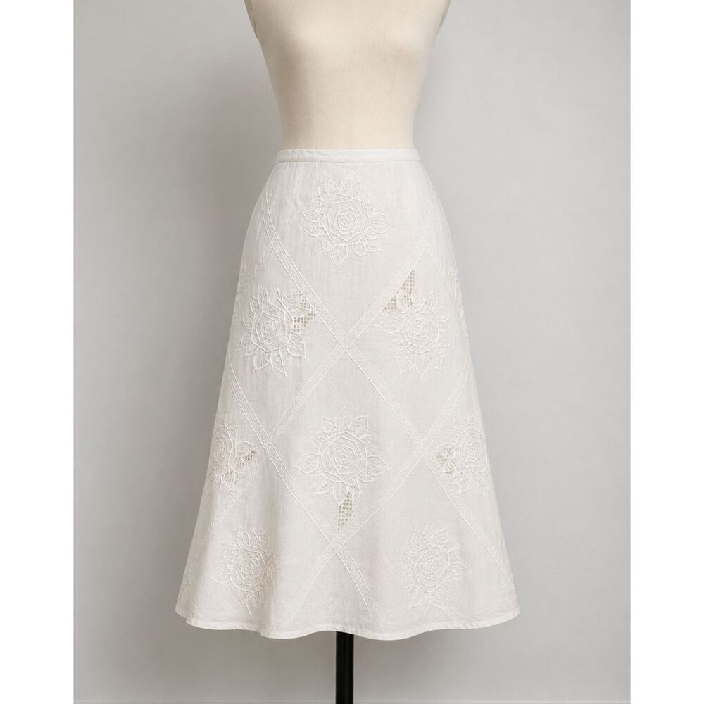 Vintage JSong sz 10 100% Linen fully lined A line Fit N Flare Skirt w/Embroidery
